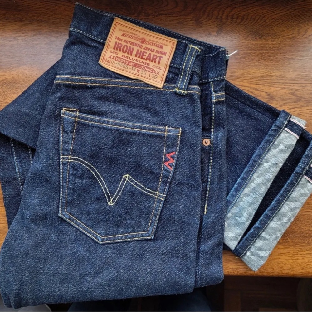 IRON HEART IH-666S-142 Sz.30x32 14oz Selvedge Denim Slim Straight Jeans - Indigo